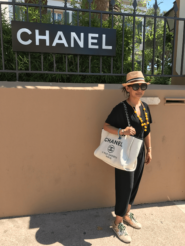Saint Tropez Chanel in Norma Kamali jumpsuit 